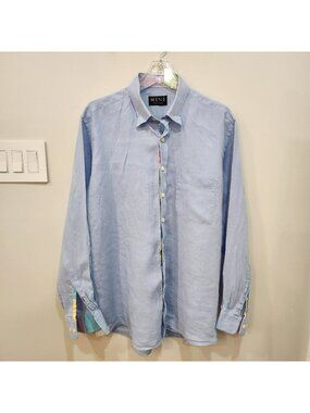 Vintage MINE Shirt Mens Large Blue 100% Linen Long Sleeve Casual Button Down